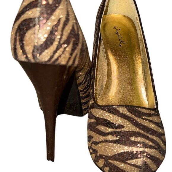 QUPID Brown/ Gold Zebra Print Rhinestone Platform Stiletto Heels Size 8 - Picture 7 of 14